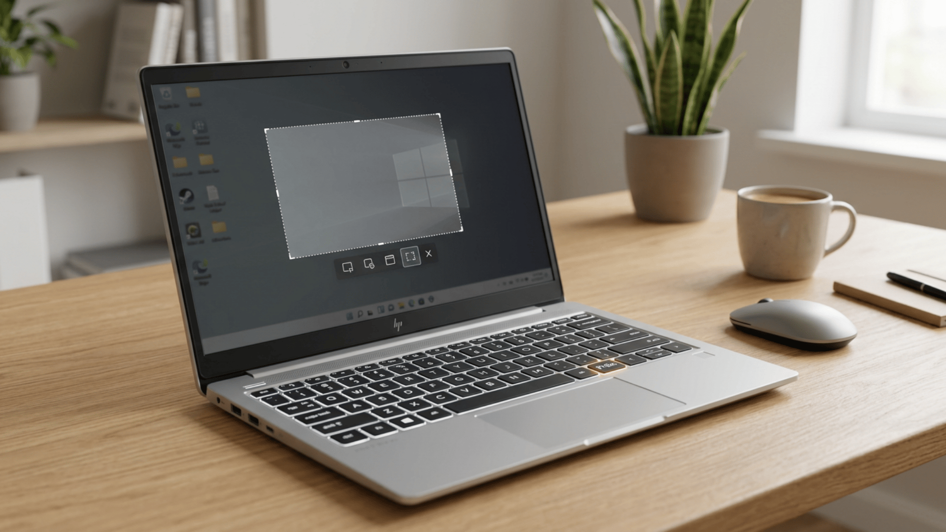 Windows laptop showing keyboard with PrtSc key and screen with screenshot selection overlay on dimmed display