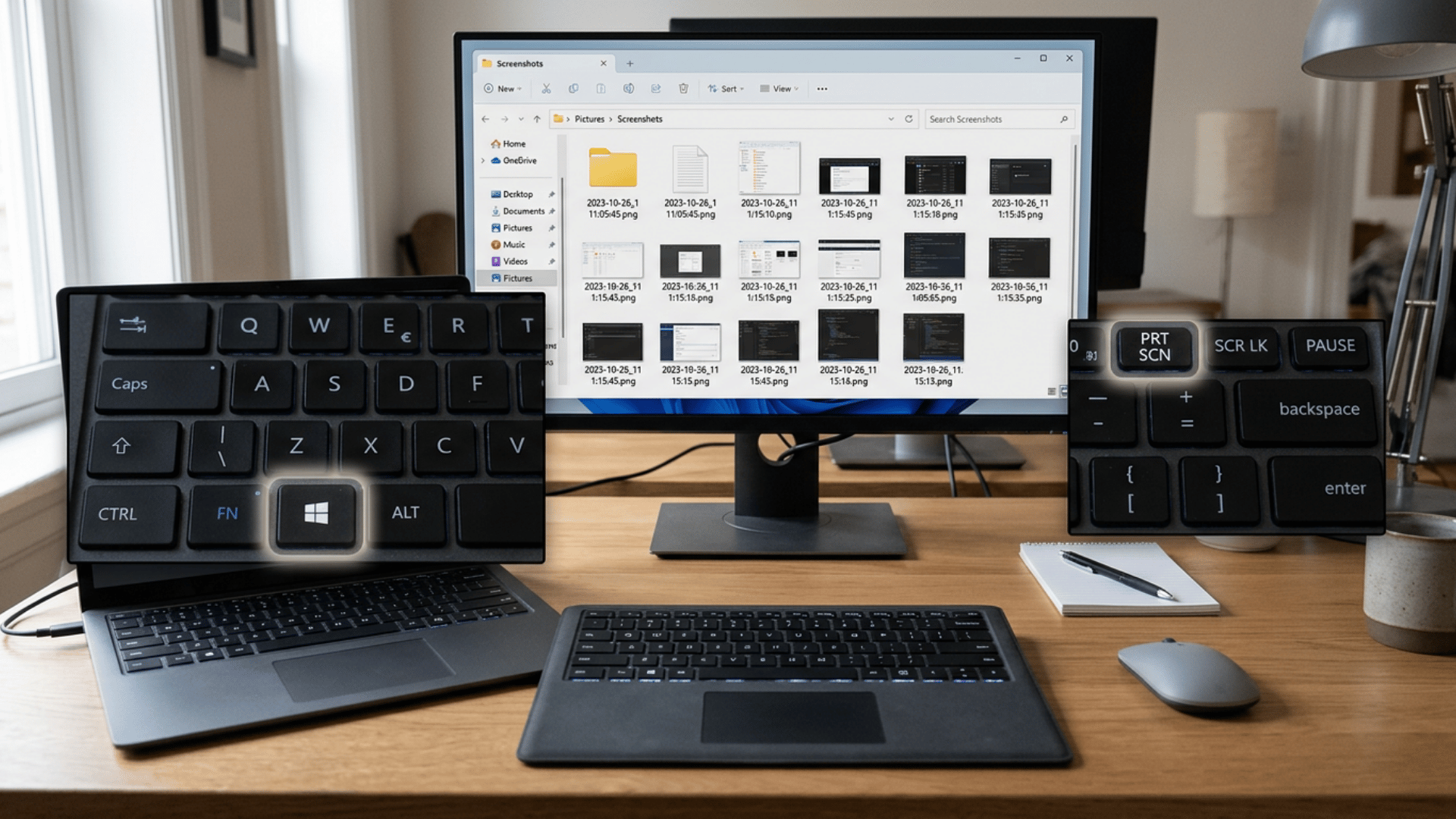 Laptop keyboard and monitor at side angle showing Windows PrtSc screenshot capture with screen dim effect